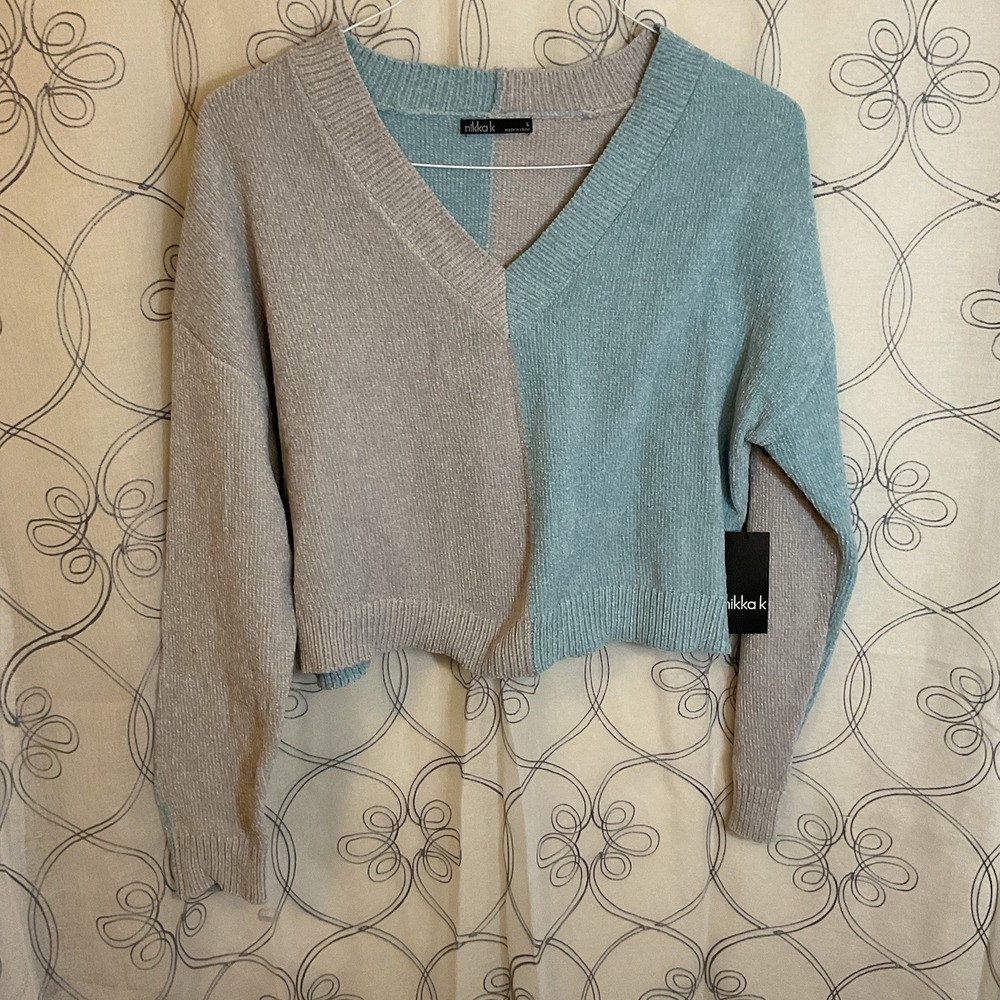 New Nikka K Color-Block Cropped Long‎ Sleeve Sweater Grey Sky Blue Size Large